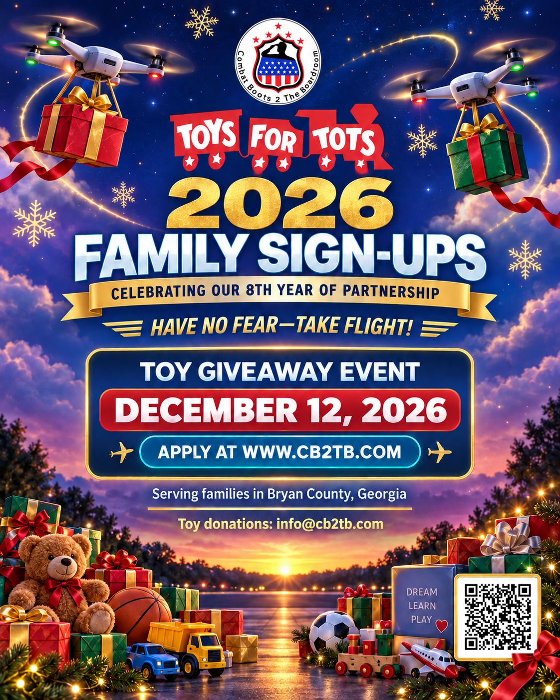 CB2TB Toys for Tots 2026 Family Sign-Ups flyer: toy giveaway event December 12, 2026, serving families in Bryan County, Georgia.